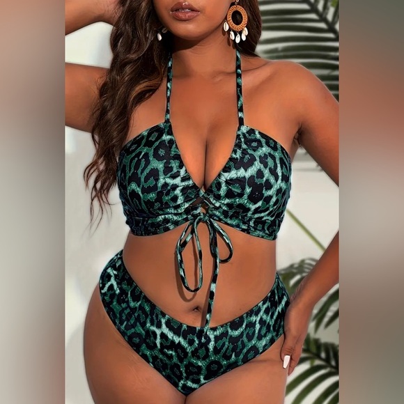 Fashion Womens Plus Size 2pc Green Leopard Print Drawstring Bikini - Picture 1 of 10